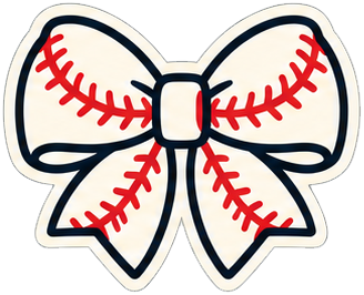 Cream bow-shaped Baseball Bow design with red baseball-stitch graphics and a navy outline.