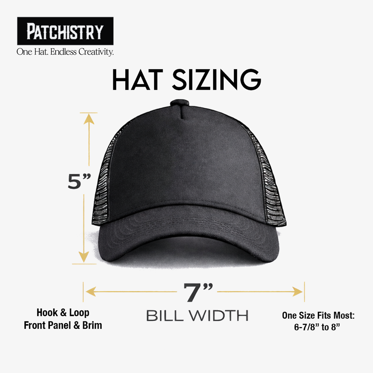 Hat sizing chart — one size fits most 6-7/8 to 8, 5 inch crown, 7 inch bill, adjustable snapback