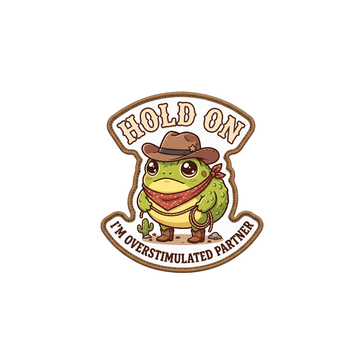 Hold On, I'm Overstimulated badge reel patch: cartoon green frog in a brown cowboy hat and red bandana holding a lasso, lettered Hold On, I'm Overstimulated Partner