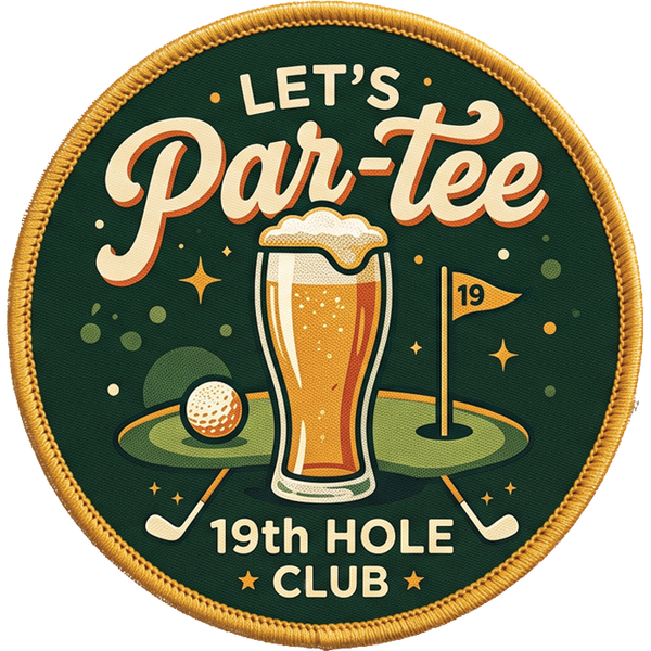 Lets Par-Tee 19th Hole Club hook and loop patch with beer glass golf ball and flag