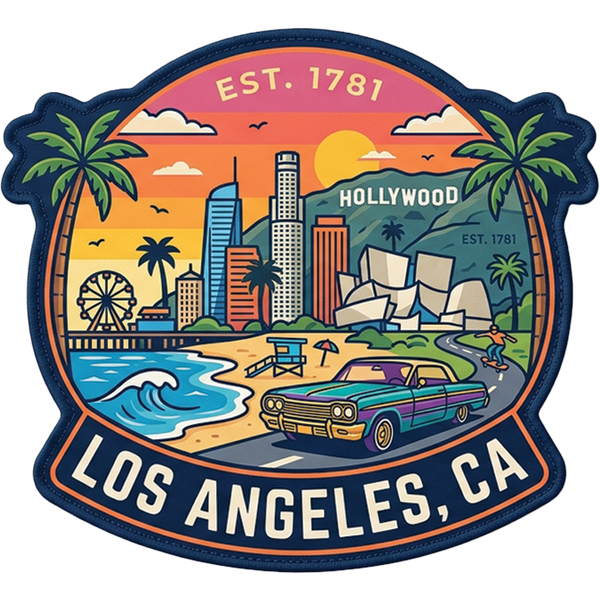 Los Angeles hat patch: shield-shaped patch with the downtown LA skyline, palm trees, a hillside sign, a ferris wheel, a wave, and a purple lowrider on the road, lettered Los Angeles, CA