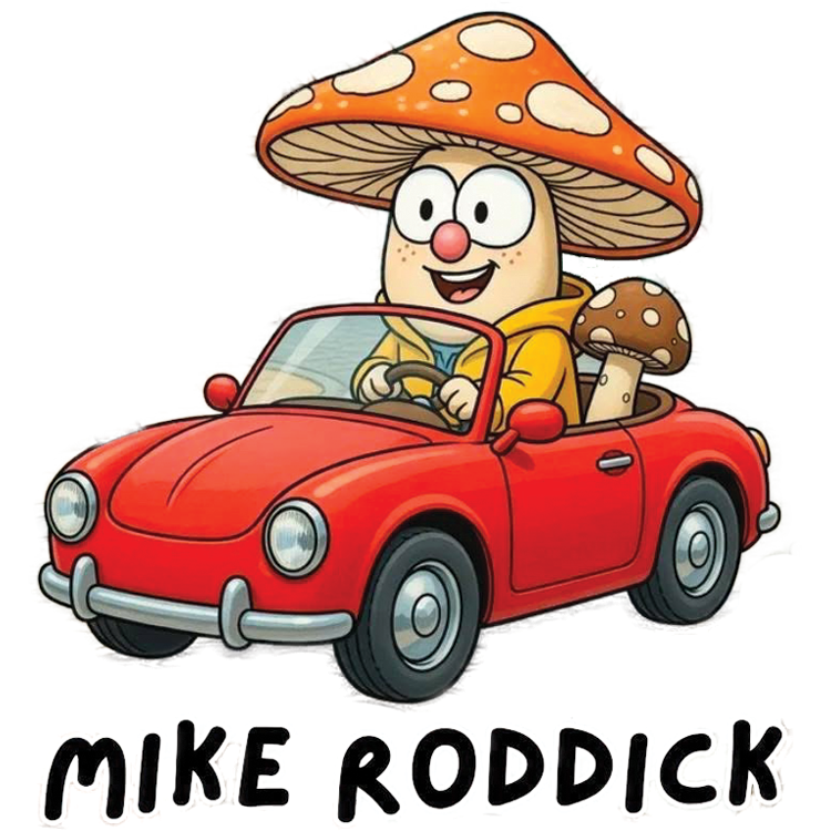 Mike Roddick — UV printed Signature velcro patch, cartoon mushroom driving a red convertible, a Story Time With BryGuy collab