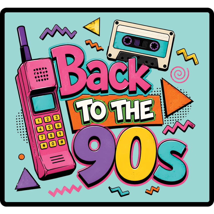 Back to the 90s patch — pink brick phone and cassette tape with bright geometric shapes