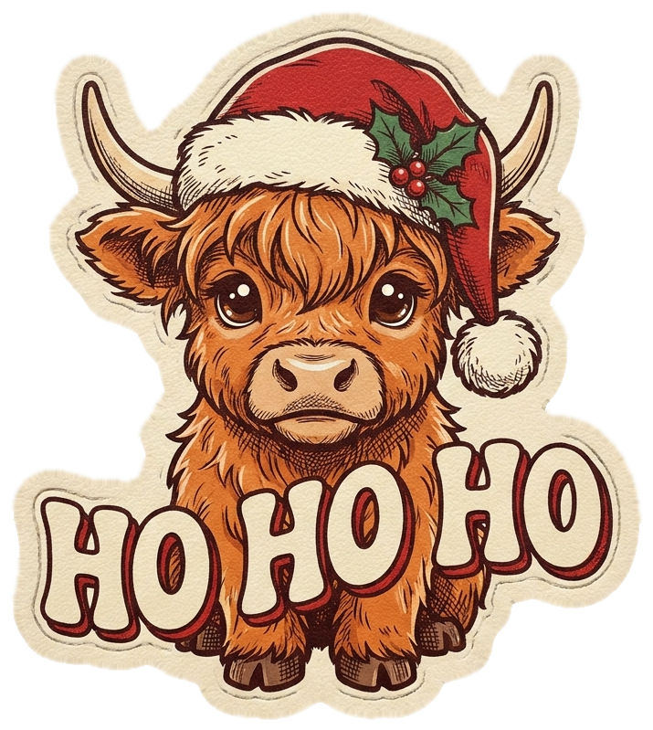 Ho Ho Ho Highland Cow hat patch, transparent background