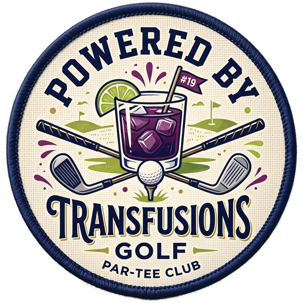 Powered By Transfusions golf hook and loop patch with crossed irons and a transfusion cocktail