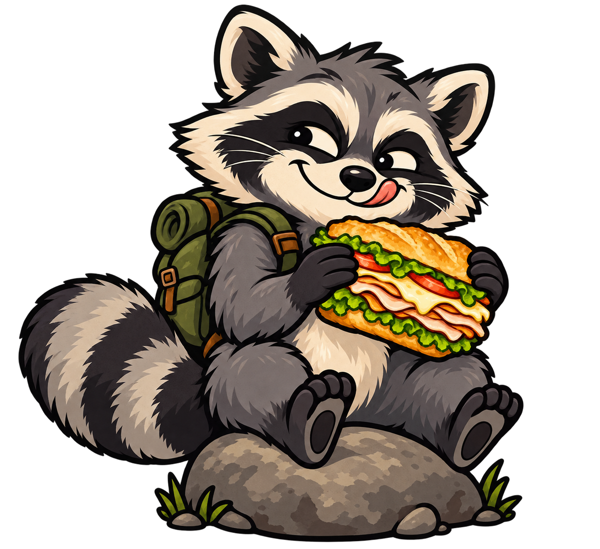 Gray raccoon with a green backpack holding a sub sandwich, with rocks and grass below.