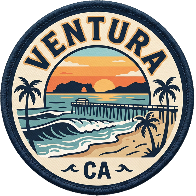 Ventura hat patch: round navy patch with the Ventura pier crossing the water, palm trees, a breaking wave, and a sunset behind an island arch rock
