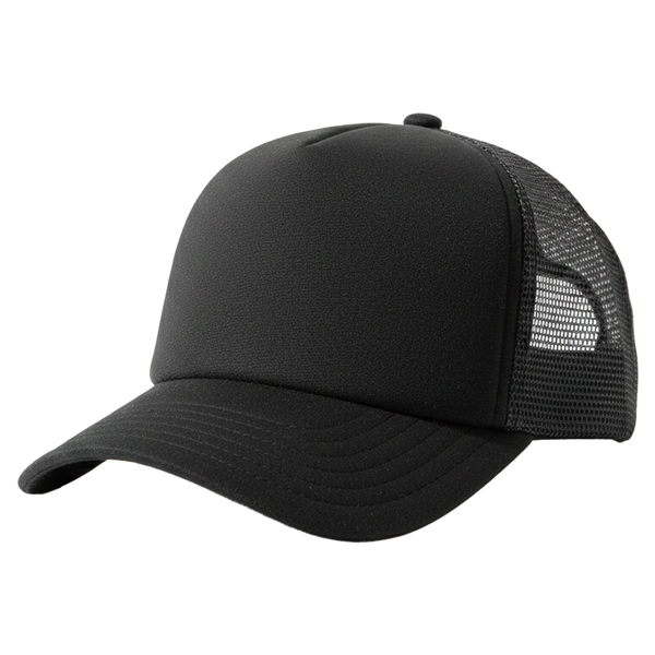 The Canvas — black 5-panel velcro-compatible custom patch trucker hat
