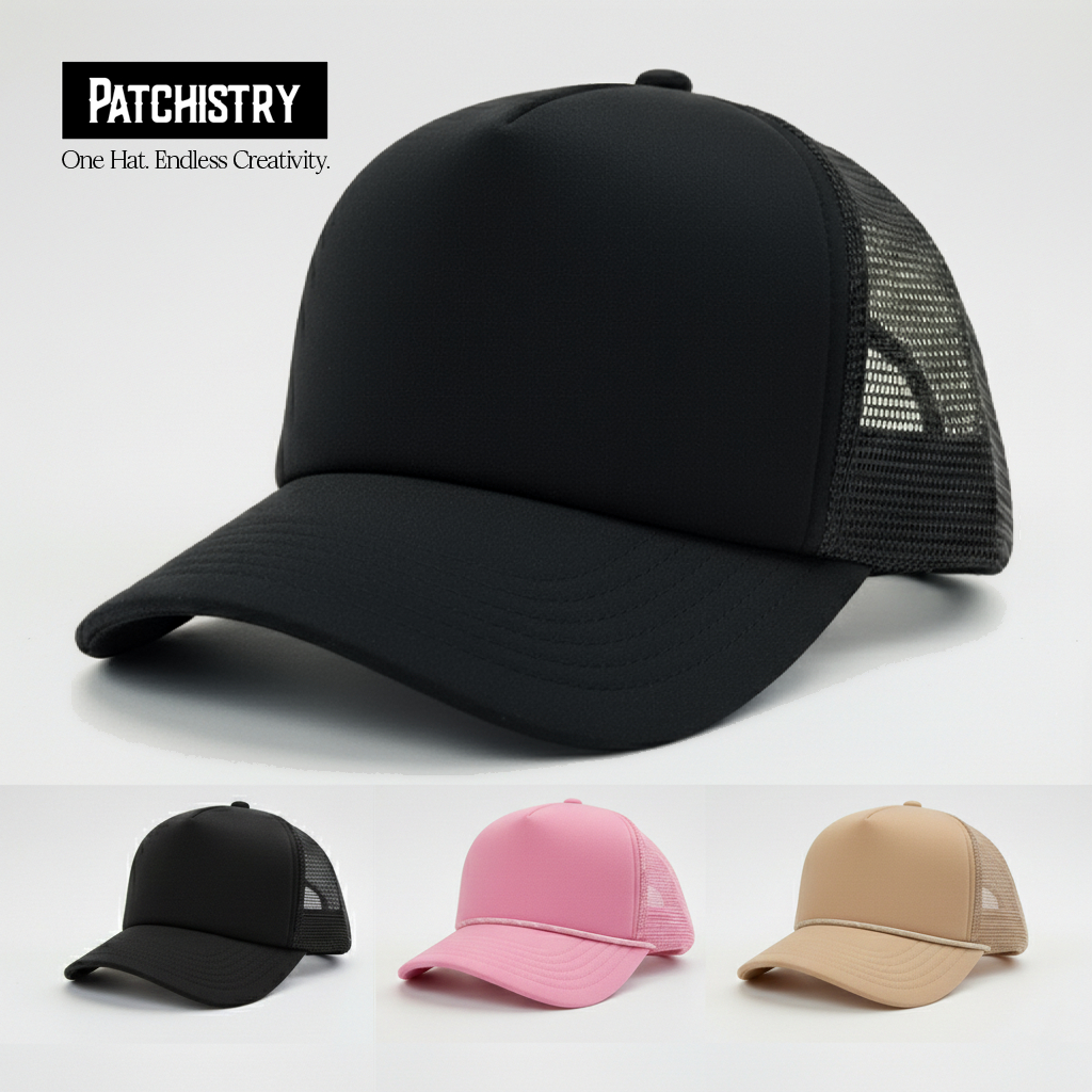 Patchistry Canvas patch hat colors — black, khaki golden rod, and pink