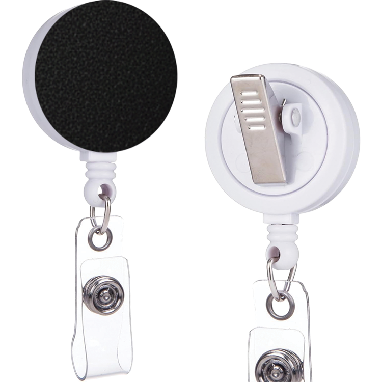 Patchistry badge reel, front and back, with hook and loop face and belt clip