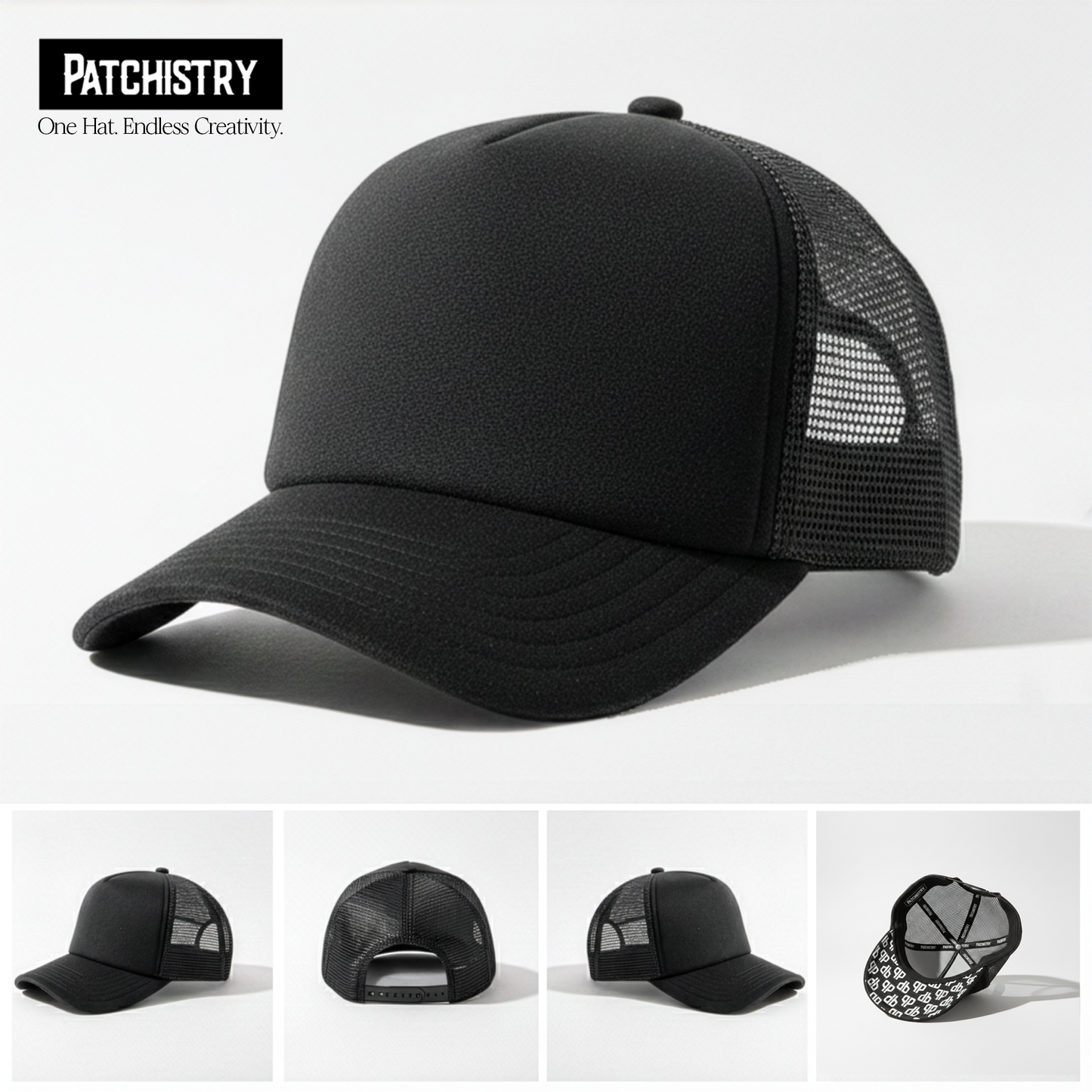 Black velcro patch trucker hat shown from front, back, and side angles