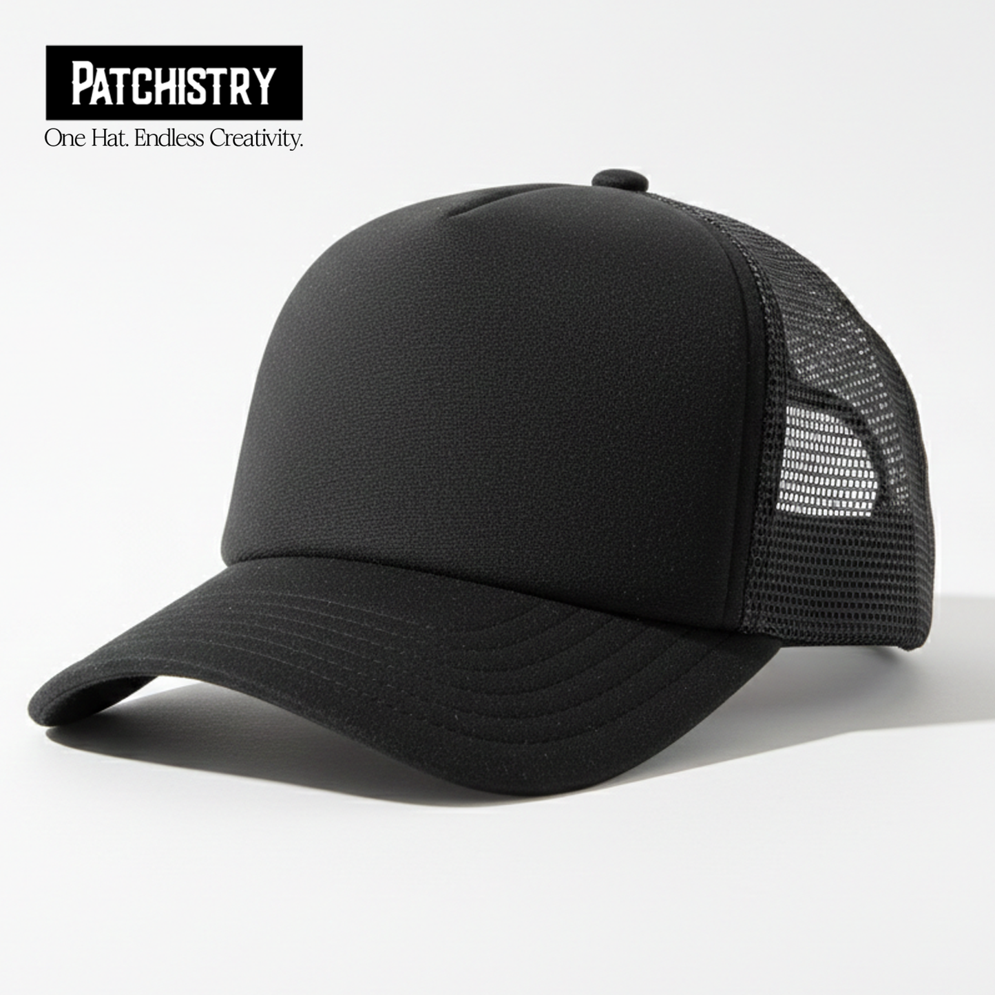 Black patch hat side profile with hook and loop front panel and brim