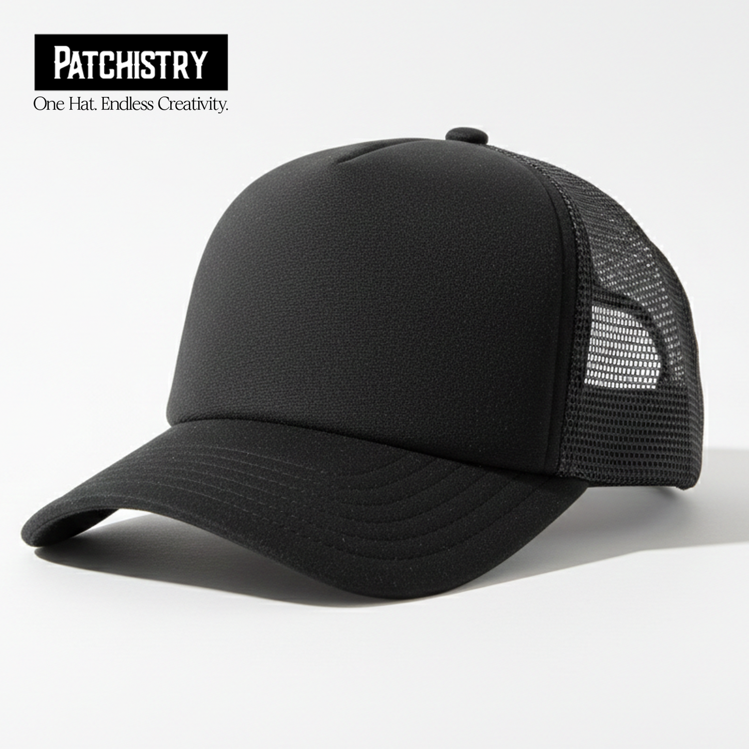 Black patch hat side profile with hook and loop front panel and brim