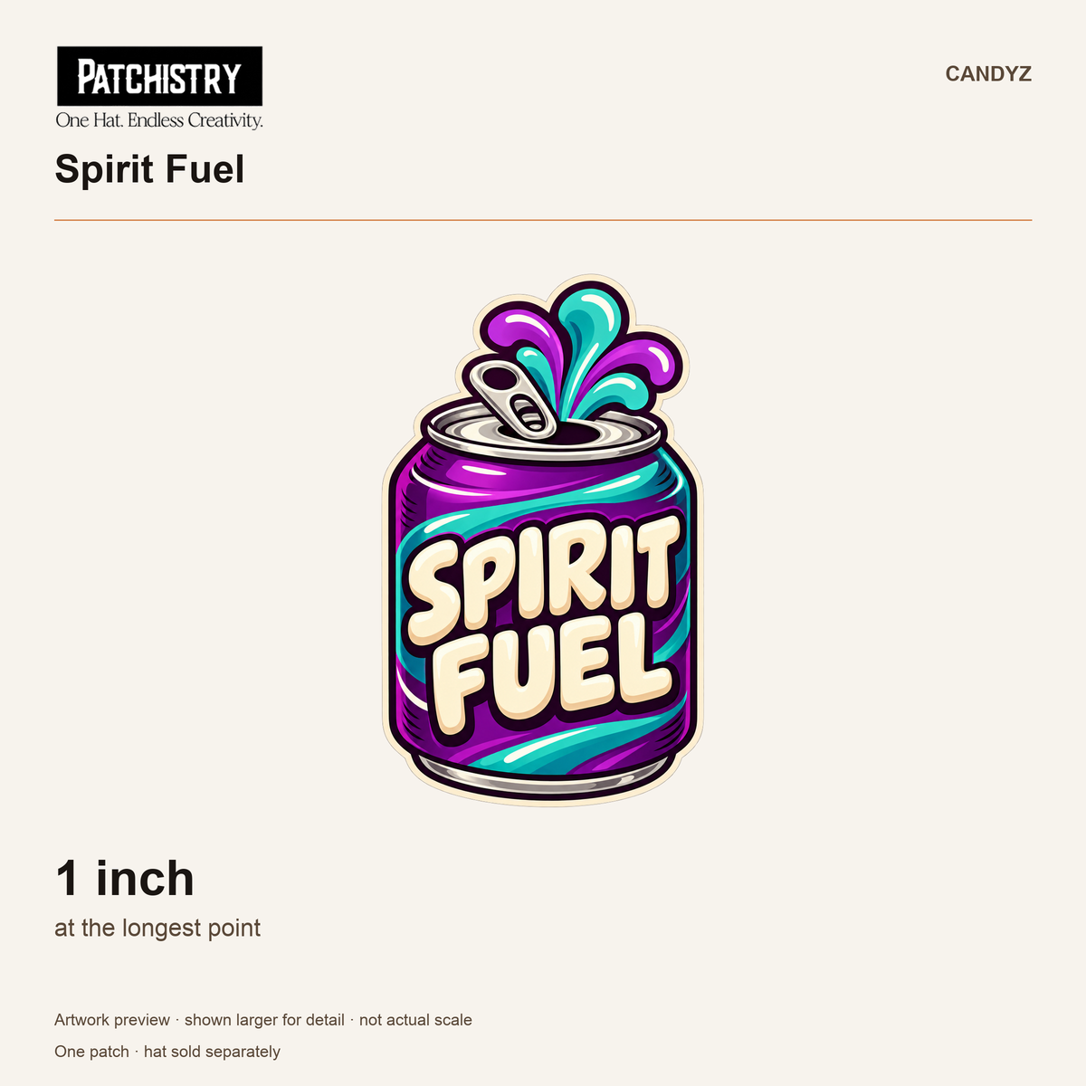 Spirit Fuel branded size reference, 1 inch at the longest point. Artwork preview shown larger for detail, not actual scale. One patch; hat sold separately.