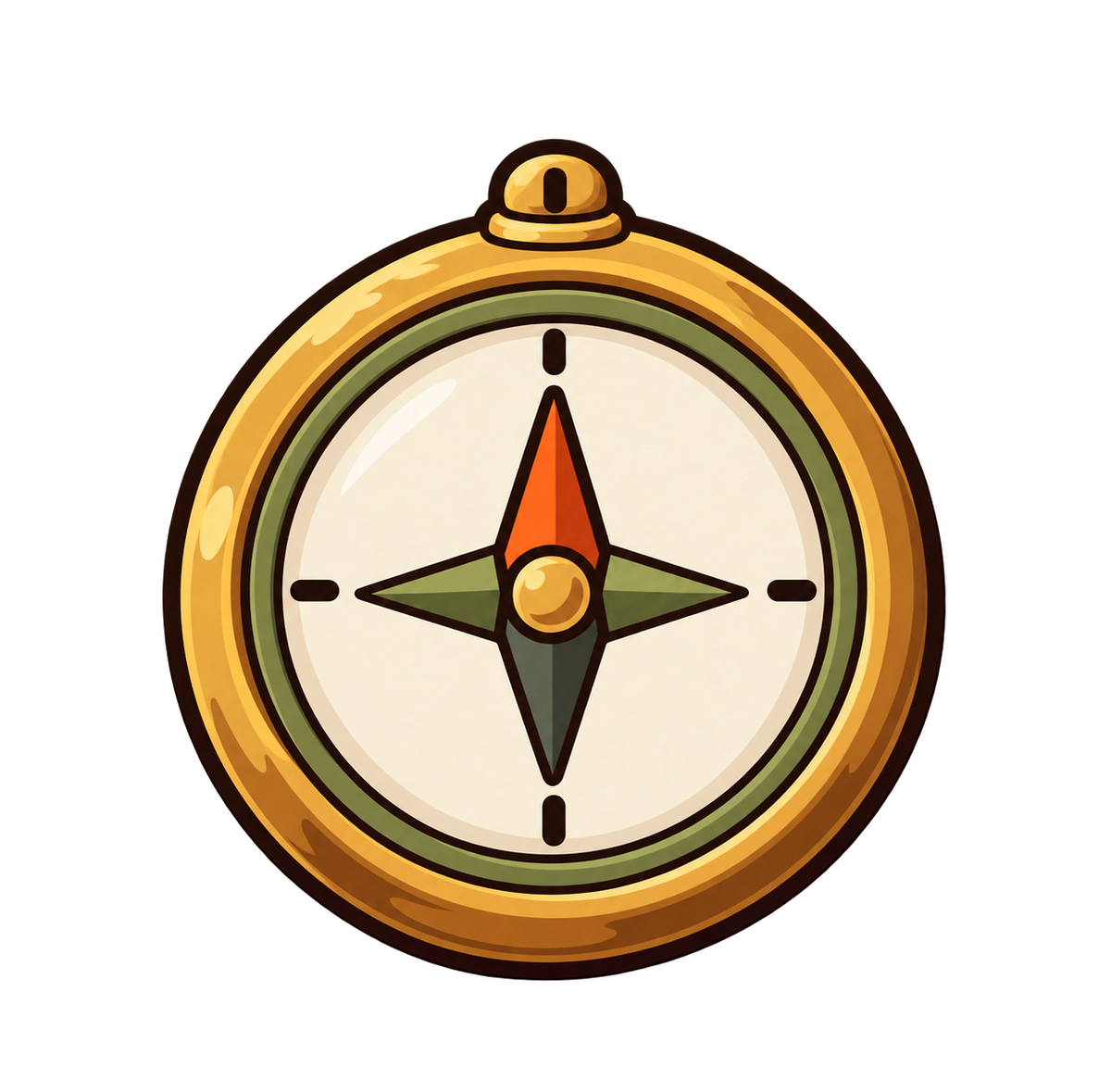 Round gold, cream and olive compass design with an orange needle and a small top tab.
