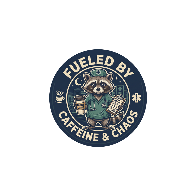 Fueled By Caffeine and Chaos badge reel patch: navy round patch with a raccoon in teal scrubs and a nurse cap holding a coffee cup and a clipboard under a crescent moon