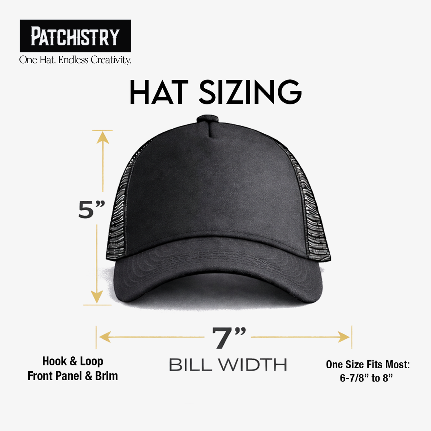 Hat sizing chart — one size fits most 6-7/8 to 8, 5 inch crown, 7 inch bill, adjustable snapback