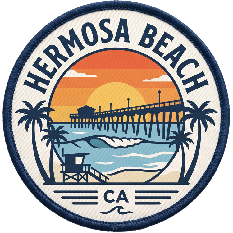 Hermosa Beach hat patch: round navy patch with the Hermosa Beach pier silhouetted against an orange sunset, a lifeguard tower, palm trees, and a breaking wave
