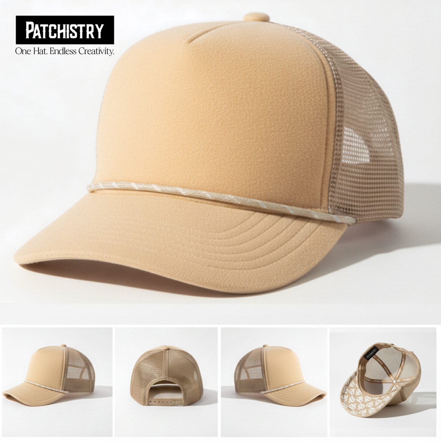 Khaki golden rod velcro patch trucker hat shown from front, back, and side angles