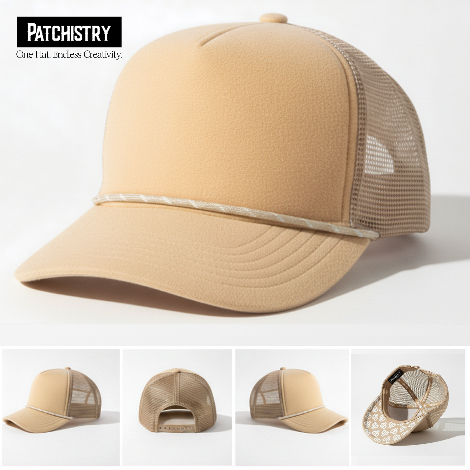Khaki golden rod velcro patch trucker hat shown from front, back, and side angles