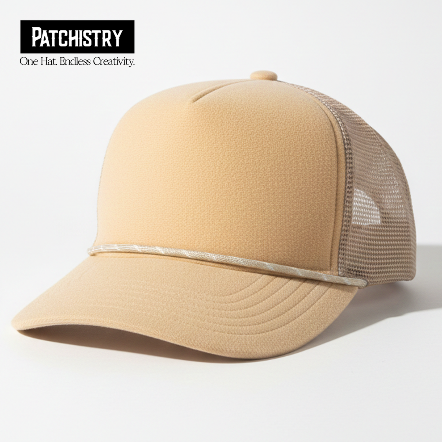 Khaki patch hat side profile with hook and loop front panel and brim