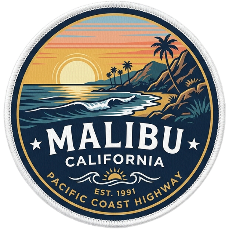 Malibu hat patch: round navy patch showing Malibu cliffs, palm trees, and surf under a sunset, lettered Malibu California and Pacific Coast Highway