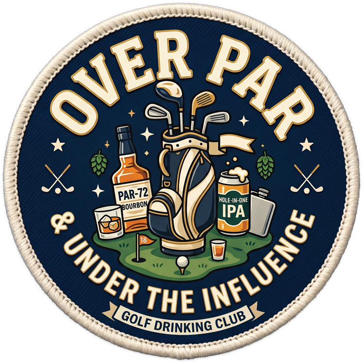 Over Par and Under The Influence golf drinking club velcro patch with golf bag bourbon and IPA