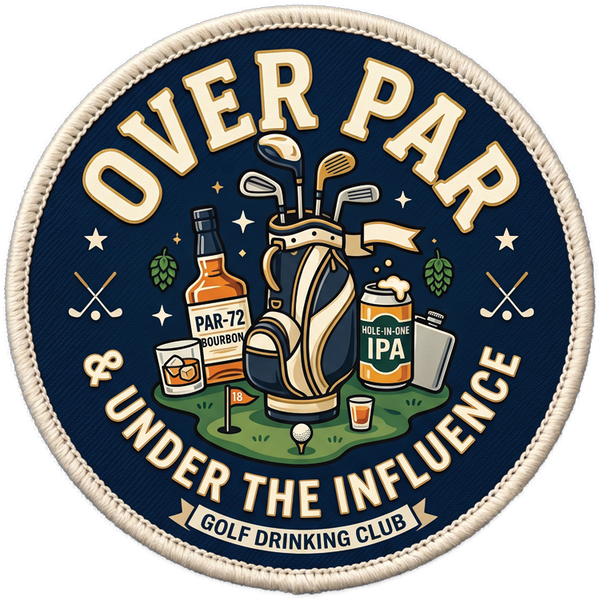 Over Par and Under The Influence golf drinking club hook and loop patch with golf bag bourbon and IPA