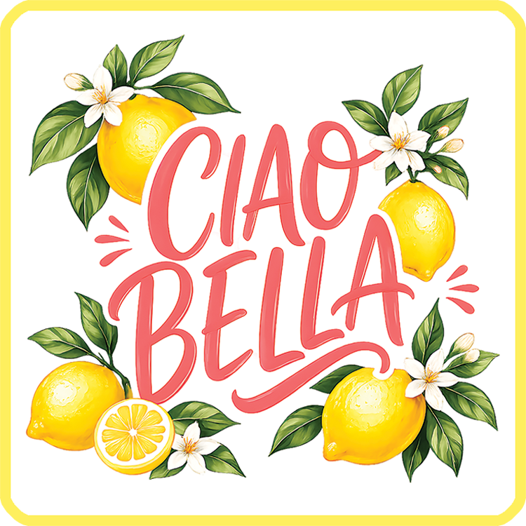Ciao Bella patch — coral script surrounded by lemons and blossom on white with a yellow border