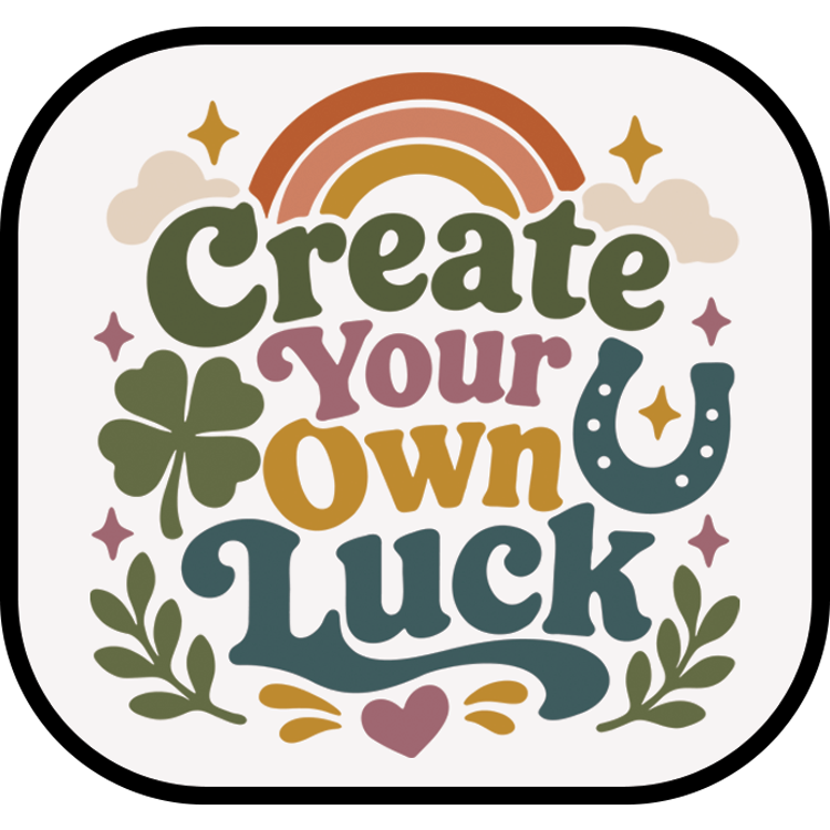 Create Your Own Luck patch — retro lettering with a rainbow, four-leaf clover, and horseshoe