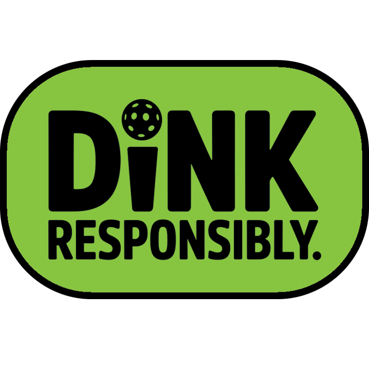 Dink Responsibly pickleball patch — green rounded rectangle with a pickleball in place of the letter I