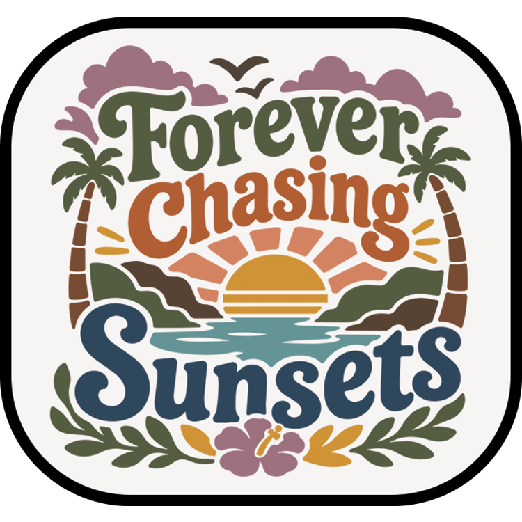Forever Chasing Sunsets patch — retro rounded square with palms, a setting sun, and hibiscus