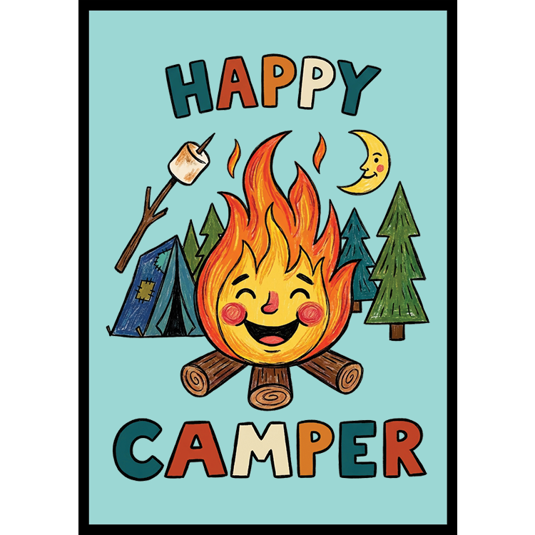 Happy Camper patch — smiling campfire with a marshmallow, tent, pines, and crescent moon