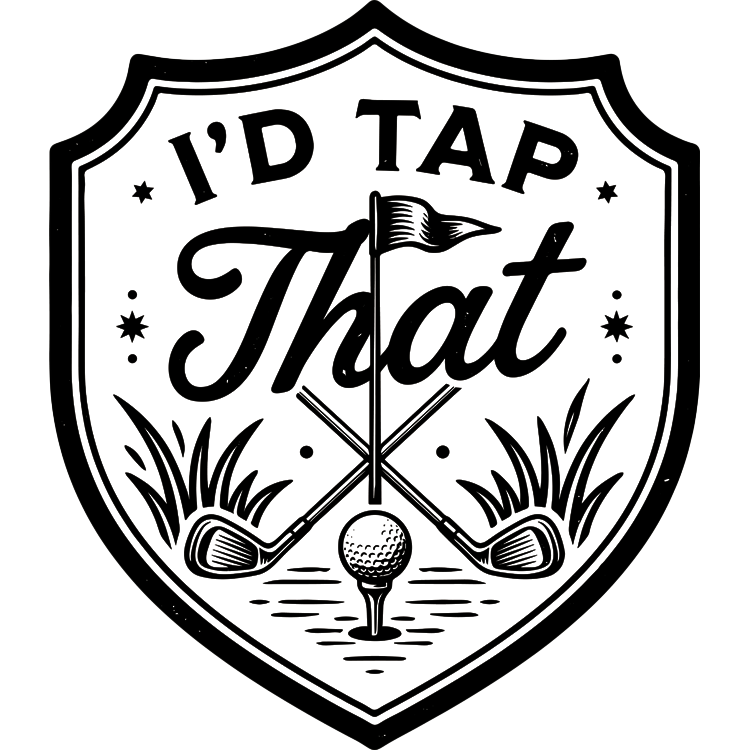 I'd Tap That patch — black and white shield with crossed clubs, a flag, and a teed ball