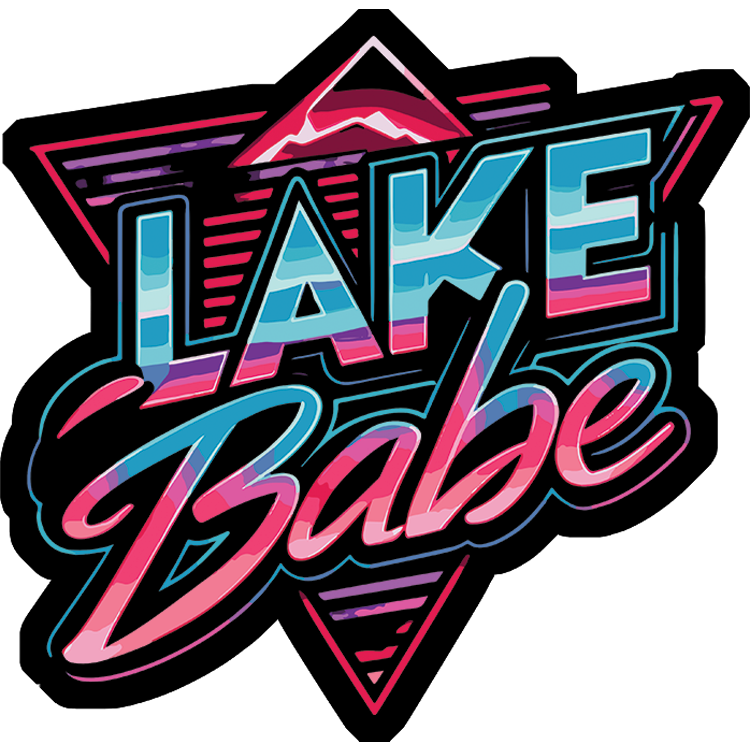 Lake Babe patch — retro neon script in pink and cyan over a triangle and mountain sunset