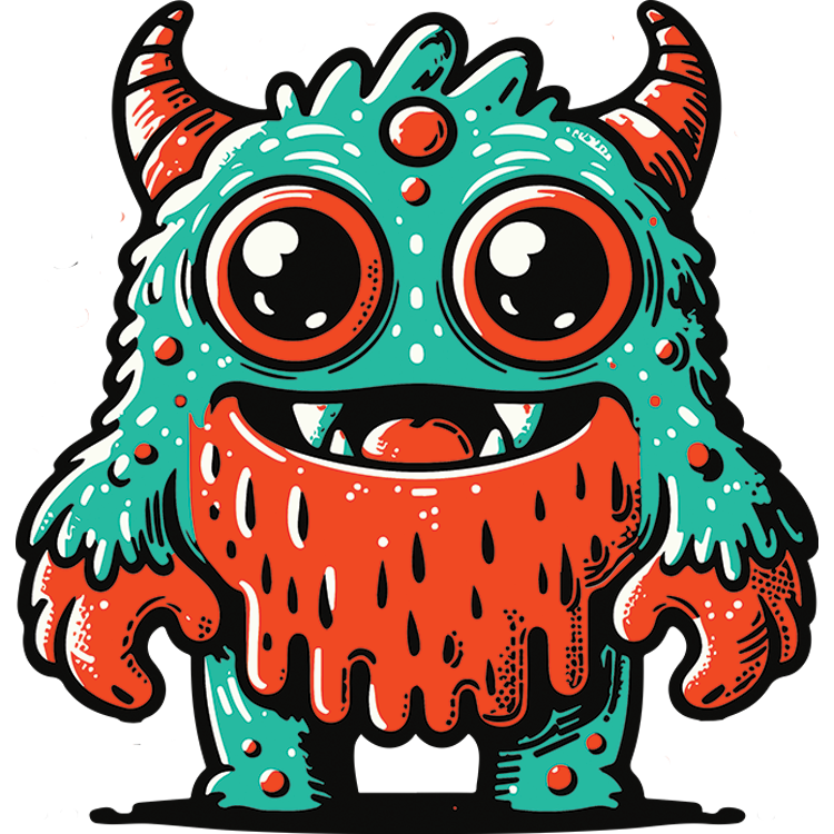 Little Menace patch — teal and orange horned monster with big eyes and a wide grin