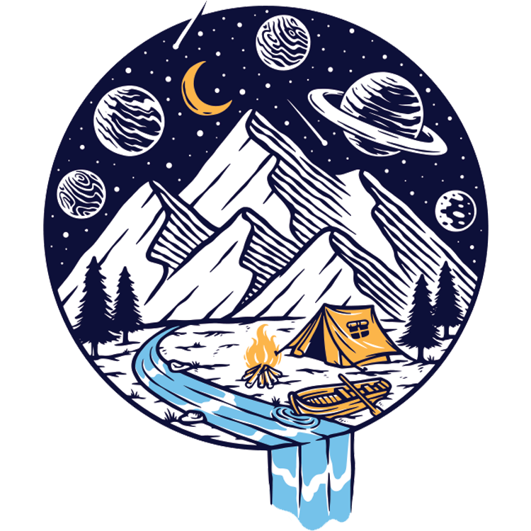 Middle of Nowhere patch — navy circle with mountains, a tent, a campfire, and planets in the night sky