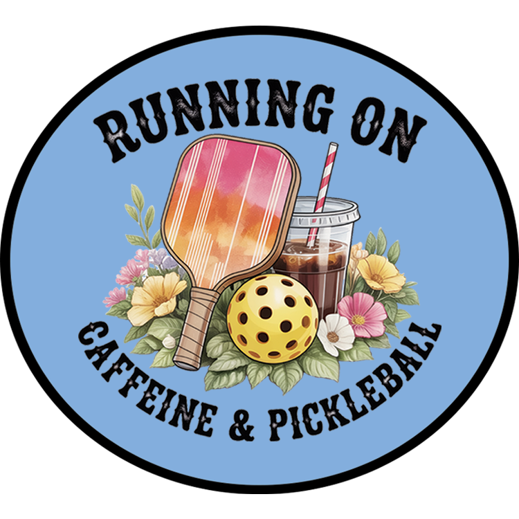 Running on Caffeine and Pickleball patch — paddle, iced coffee, and florals on a blue circle