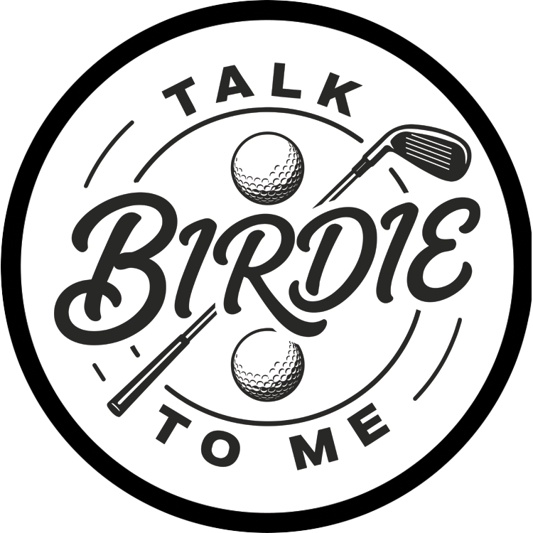 Talk Birdie To Me patch — black and white circle with golf balls and an iron