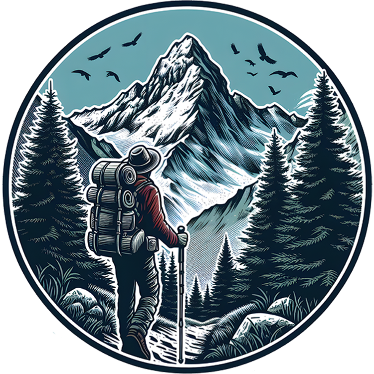 The Long Way Up patch — engraved circle with a backpacker facing a snow-capped peak through pines