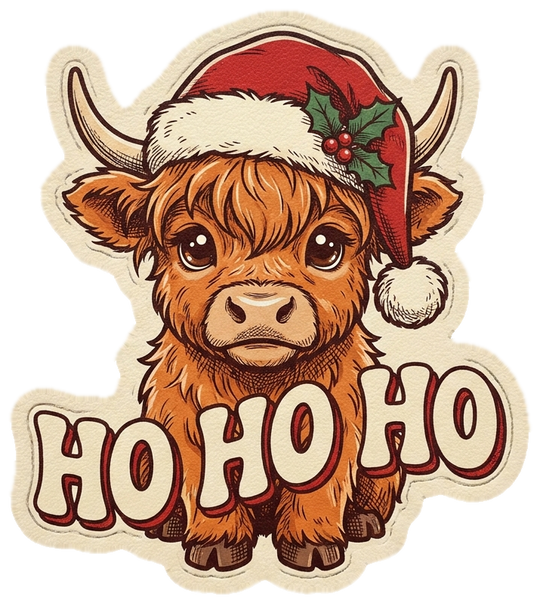 Ho Ho Ho Highland Cow Hat Patch, UV Printed Hook and Loop, 2.5 in