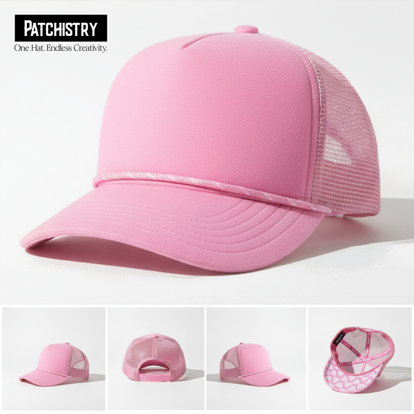 Pink velcro patch trucker hat shown from front, back, and side angles