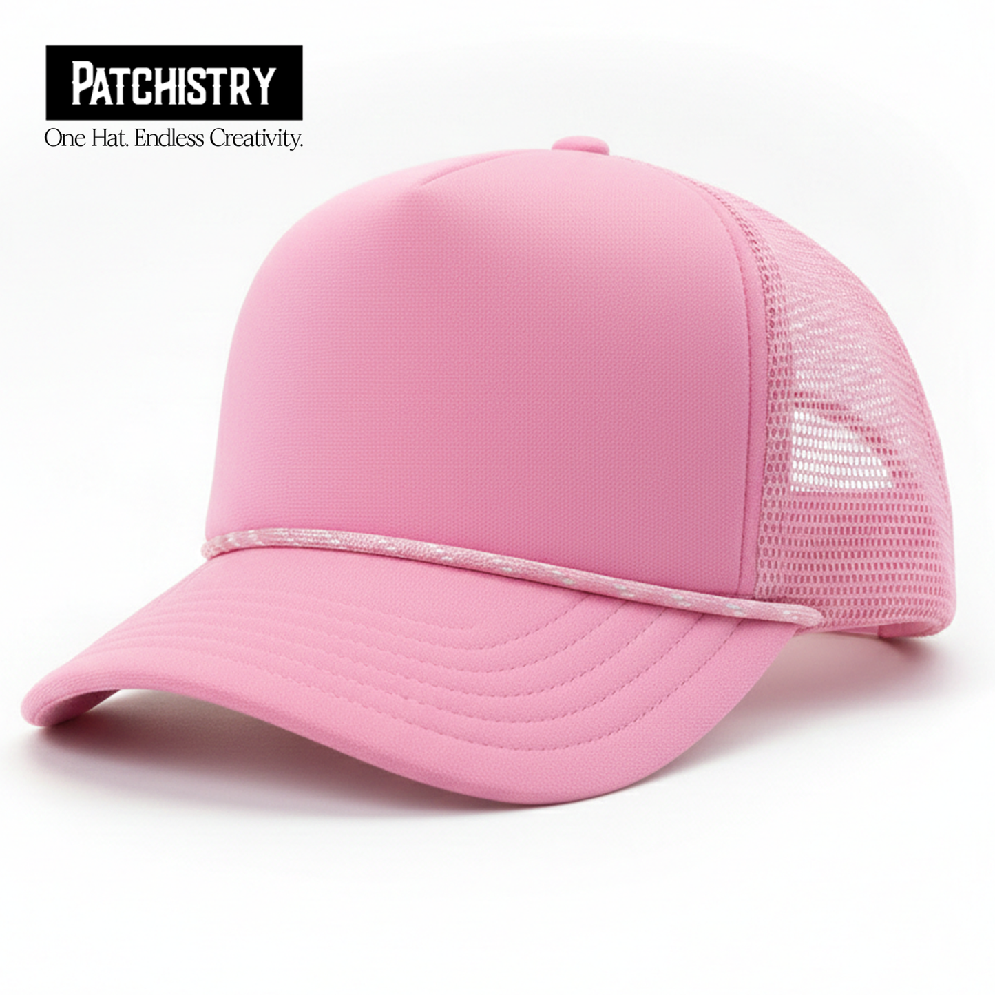 Pink patch hat side profile with hook and loop front panel and brim
