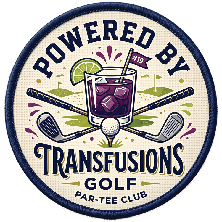 Powered By Transfusions golf velcro patch with crossed irons and a transfusion cocktail