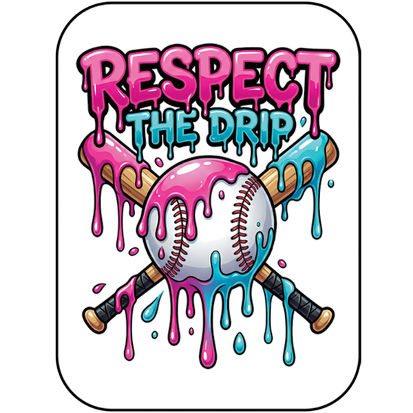 Respect The Drip hook and loop patch with crossed baseball bats and dripping pink and blue paint