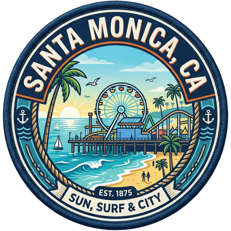 Santa Monica hat patch: round navy patch with the Santa Monica Pier ferris wheel and roller coaster, palm trees, a sailboat, anchors, and a rope border, lettered Santa Monica, CA