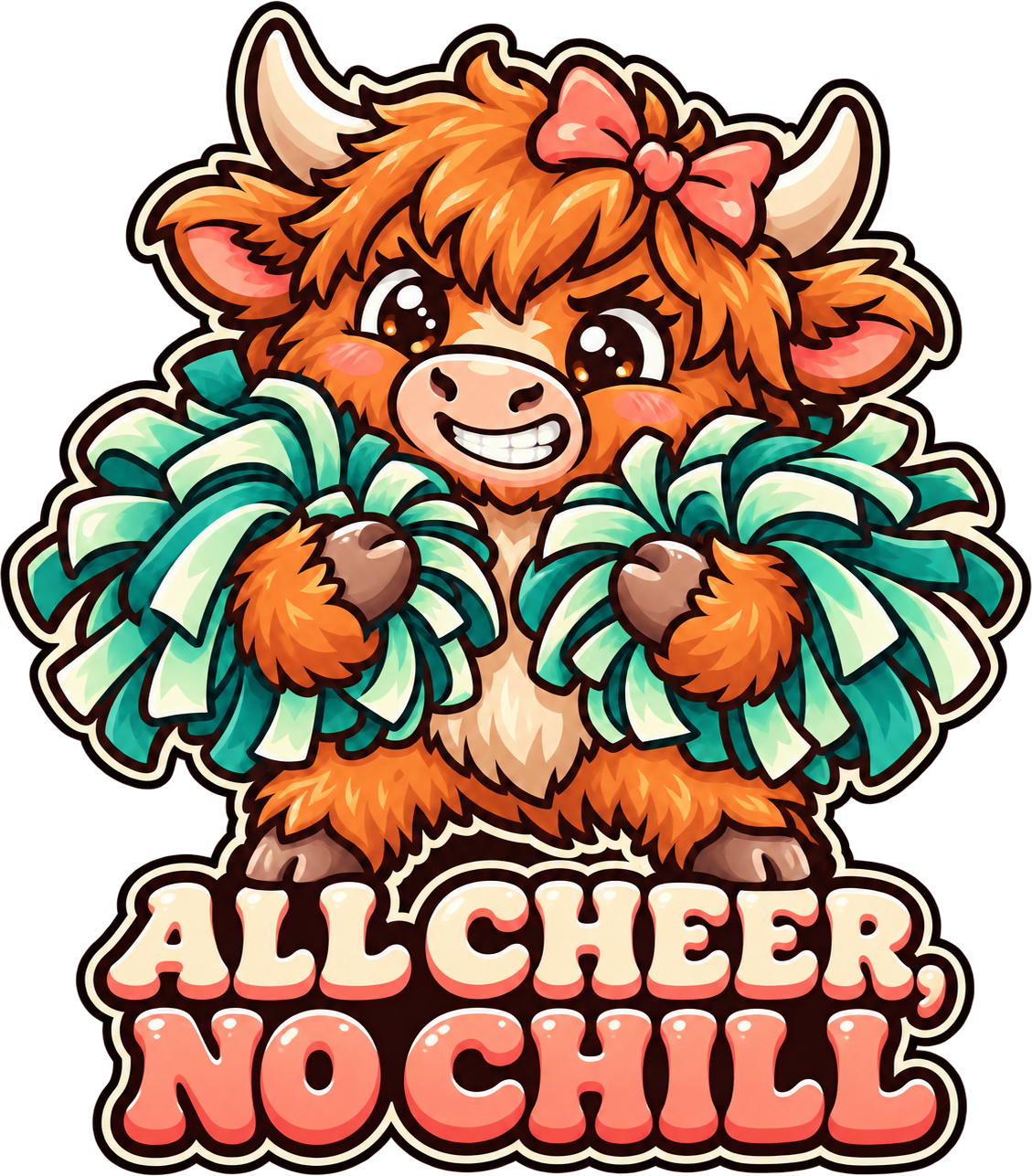 All Cheer, No Chill printed patch design featuring an orange Highland cow with a pink bow and teal pom-poms; 2.5 inches at the longest point.
