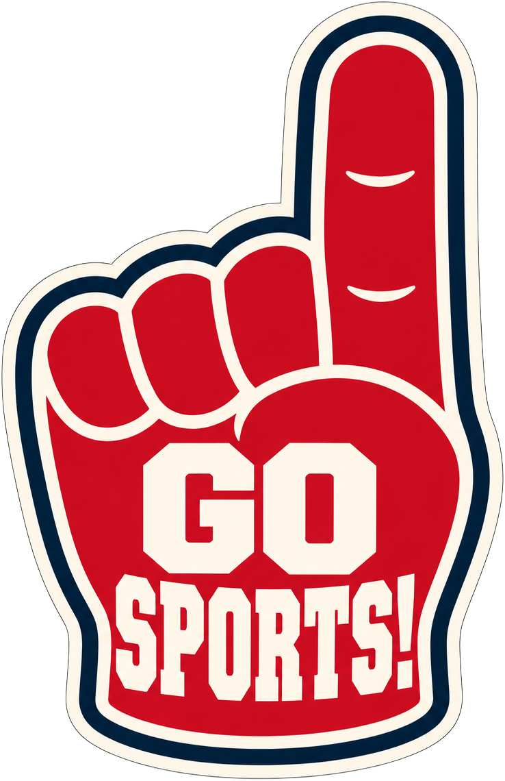 Red foam-finger-shaped Go Sports design with cream lettering and a navy outline.