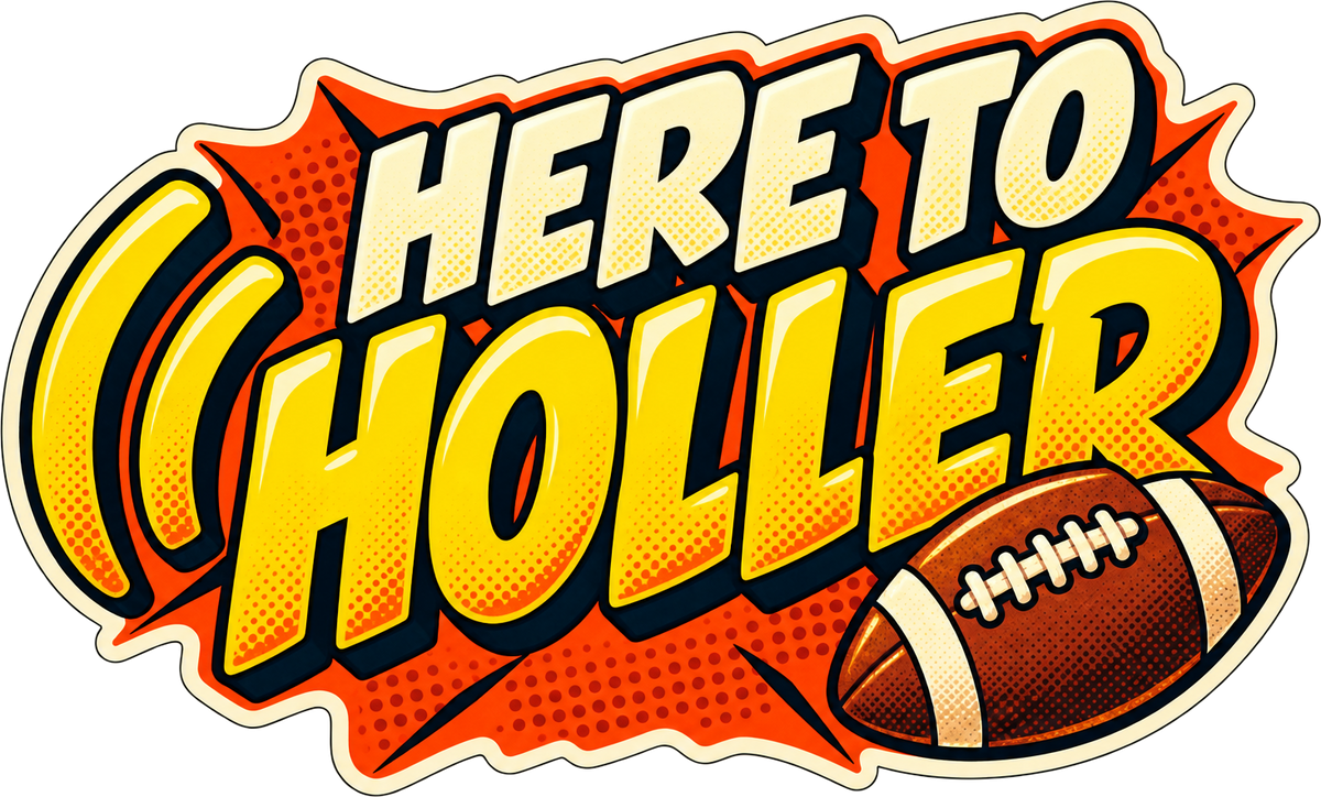 Here to Holler printed patch design with cream and yellow lettering, an orange comic burst and a football.