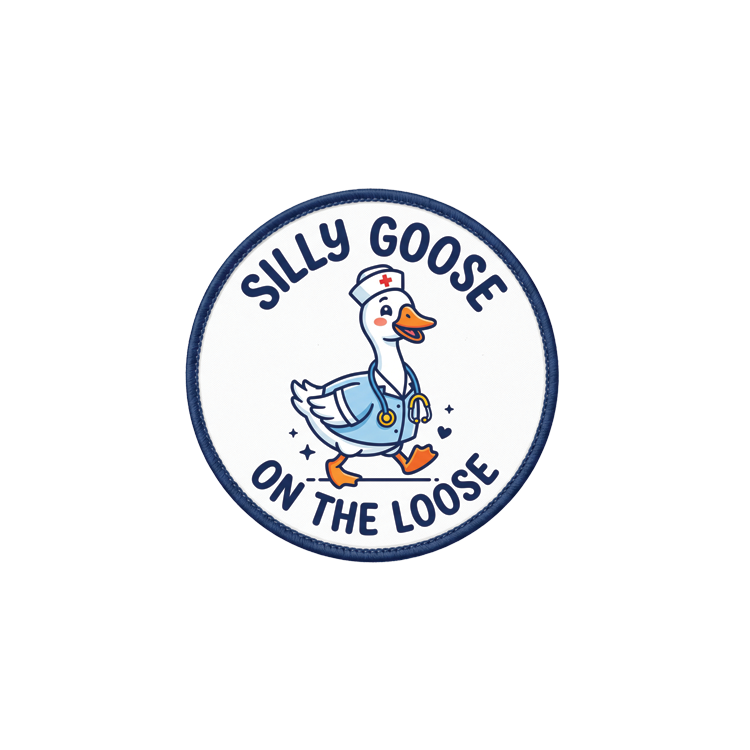 Silly Goose On The Loose badge reel patch: navy and white round patch with a white goose wearing a nurse cap and stethoscope, mid-waddle